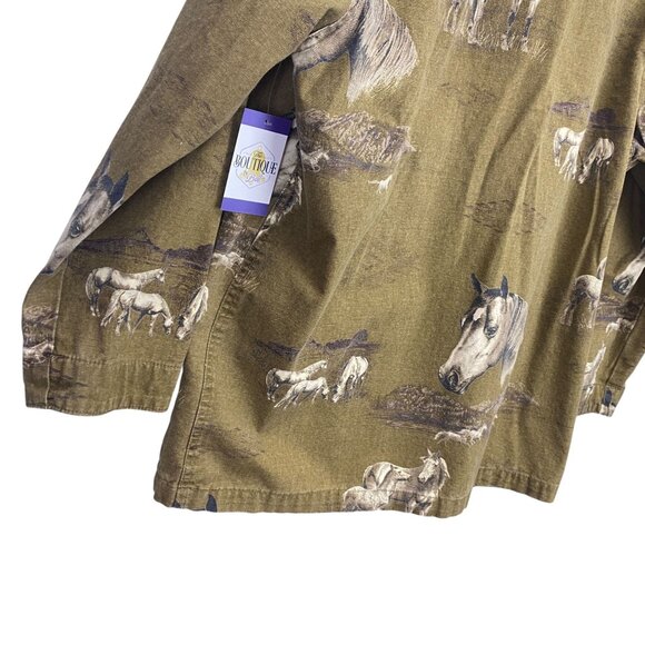 Bit & Bridle Womens L Chore Barn Jacket Brown Horse AOP Corduroy Trim Equestrian - Picture 13 of 16